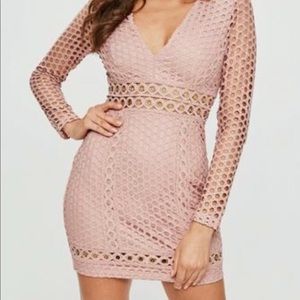 Pink lace plunge eyelet detail body con dress
